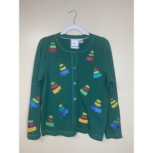 Michael Simon Lite Christmas Cardigan READ size M Embroidered Trees Beads Green